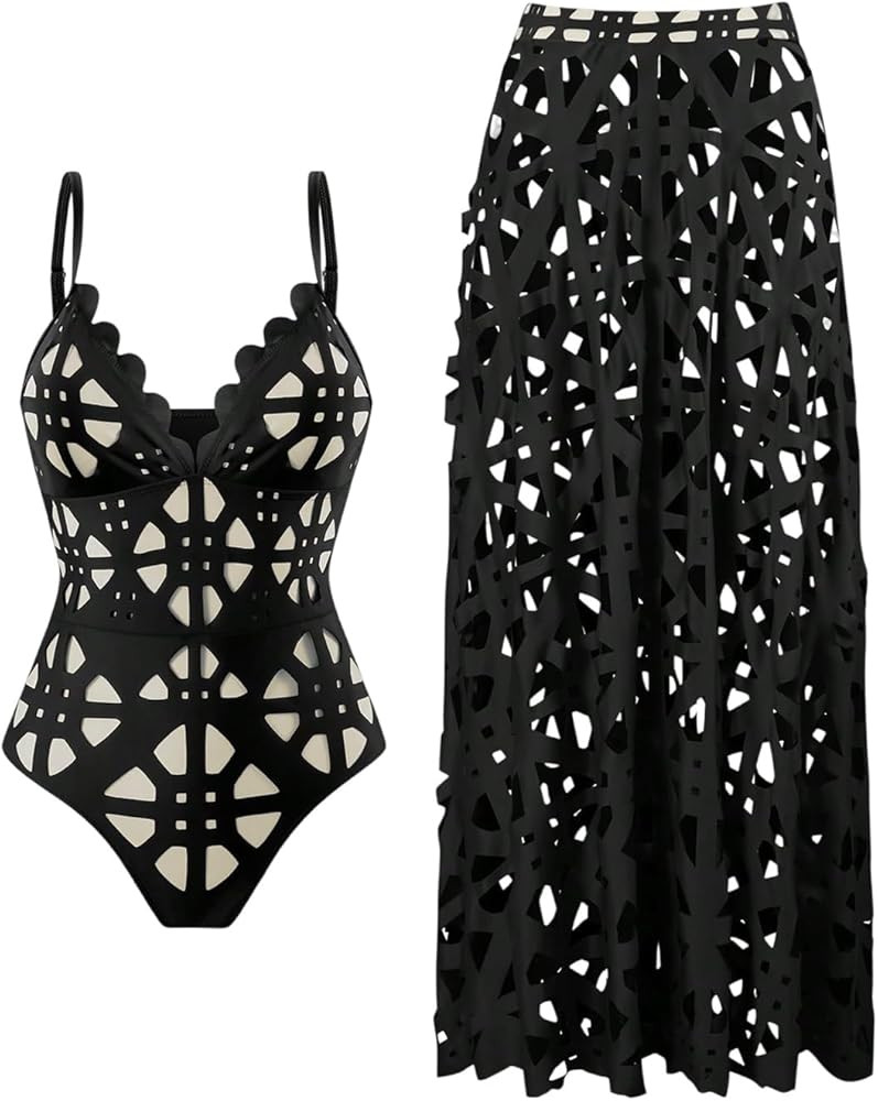 WDIRARA Women's Hollow Out 2 Piece Swimsuit One Piece with Cover Up Skirt | Amazon (US)