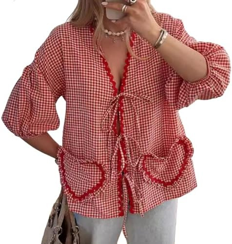 MOLERFO Tie Front Tops for Women Gingham Babydoll Bow Top Puff Sleeve Coquette Tops Heart Long Sl... | Amazon (US)