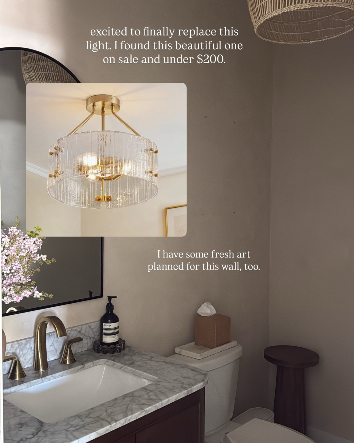 Just ordered this new light to refresh and elevate this powder bath 😍