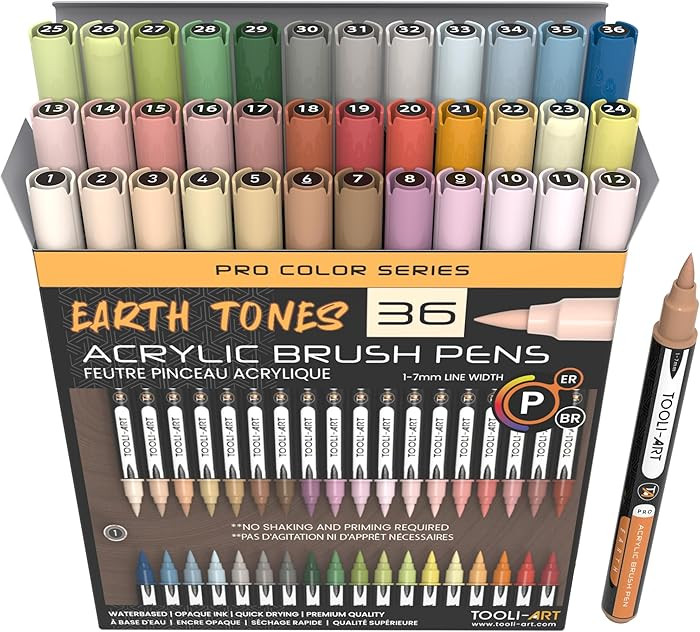 TOOLI-ART 36 Flexible Brush Tip Earth Tones Acrylic Paint Pens Markers Set 1-7mm Line for Rock Pa... | Amazon (US)