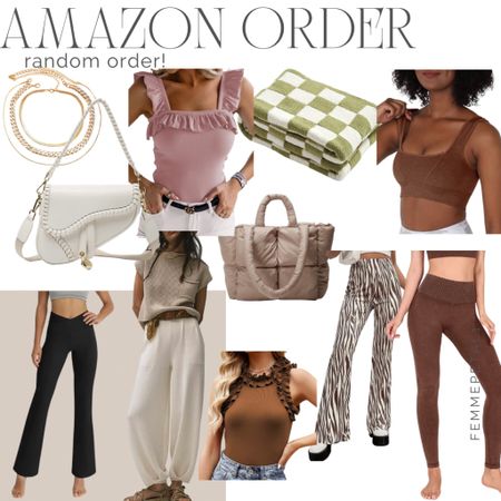 My recent amazon order! Neutral outfit, flare leggings, layering necklace, barefoot dreams blanket dupe, ruffle body suit, free people dupe, workout set, Dior saddle bag inspired 

#LTKitbag #LTKunder50 #LTKFind
