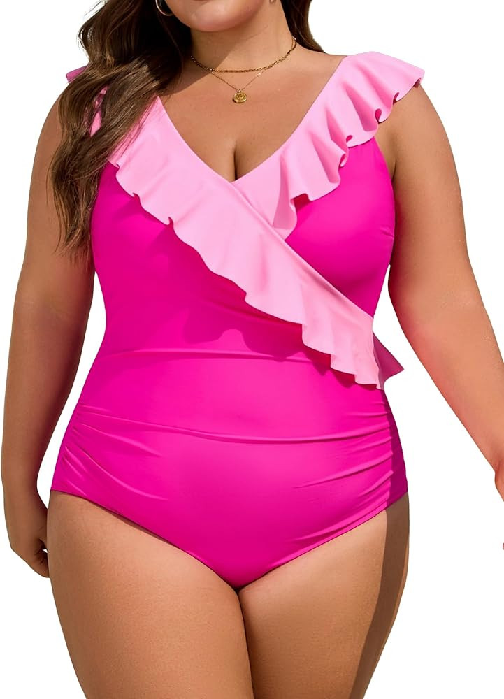 Eomenie One Piece Plus Size Tummy Control Swimsuit for Women Slimming Bathing Suits Ruffle V Neck... | Amazon (US)