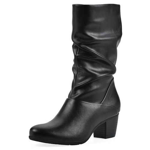 Cliffs by White Mountain Women's Angelie Cushioned Rouched Block Heel Mid Shaft Boot, Black/Smooth, 11 M | Amazon (US)