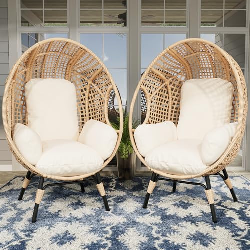 TQKVIPI 2 pcs Oversized Wicker Egg Chair Outdoor Indoor - Rattan Patio Egg Lounge Chairs with Cushion 500lbs Capacity for Living Room, Balcony, Backyard | Amazon (US)