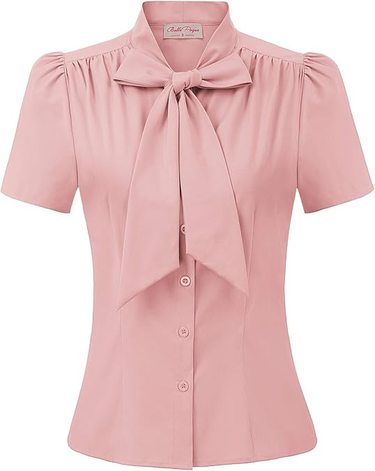 Belle Poque Women Dressy Casual Top Bow Tie Button Down Short Sleeve Blouse | Amazon (US)