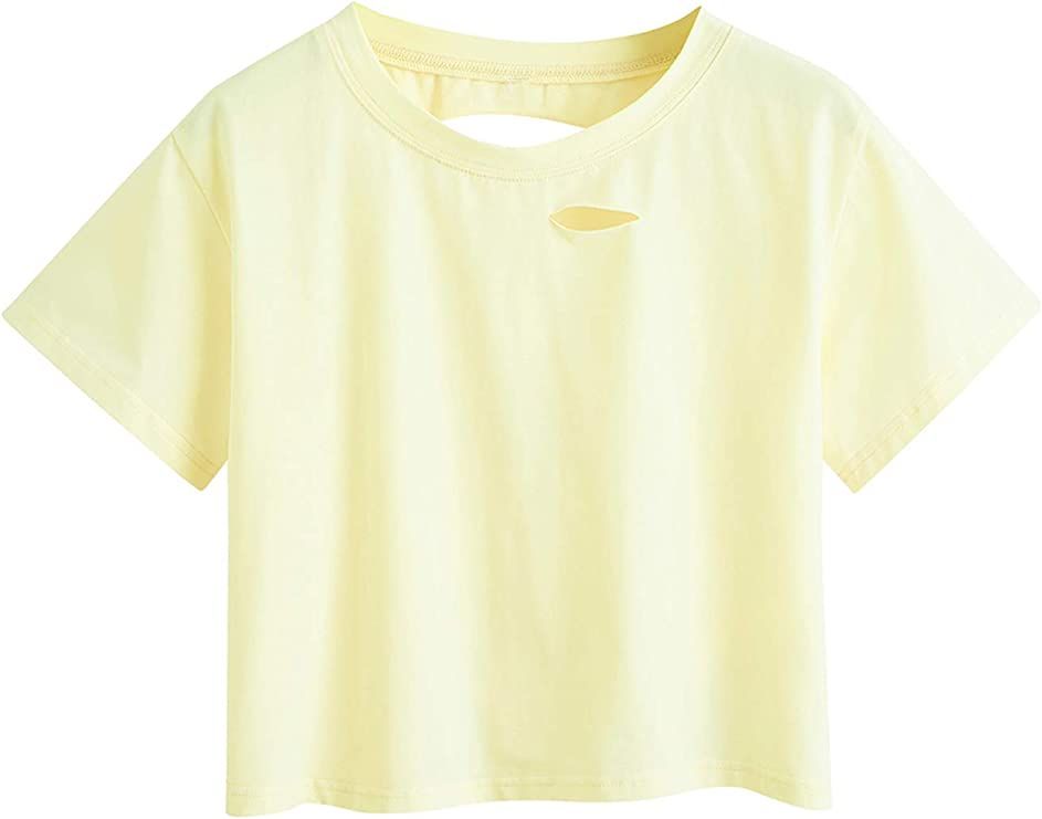 SweatyRocks Women's Summer Short Sleeve Tee Distressed Ripped Crop T-Shirt Tops | Amazon (US)
