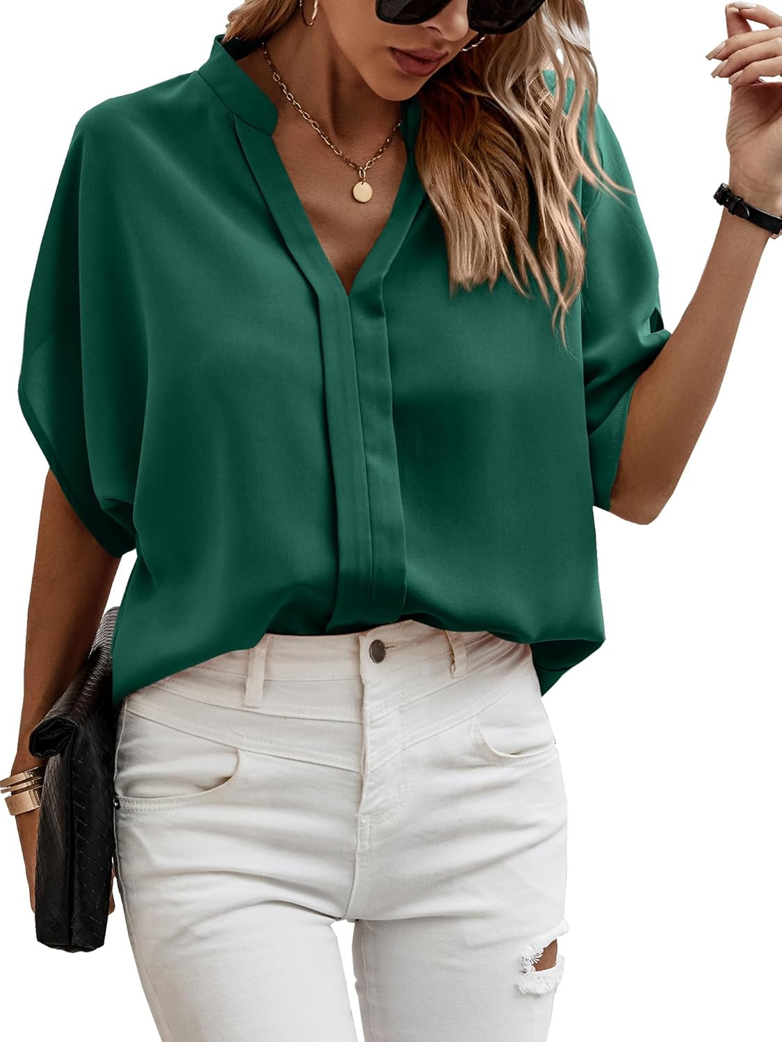 CCTOO Women's Blouses V Neck Short Sleeve Curved Hem Solid Chiffon Dressy Blouse Casual Shirts To... | Amazon (US)