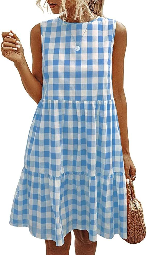 Women's Dresses Plaid Sleeveless Sundress Loose Ruffle Swing Mini Dress with Pockets | Amazon (US)