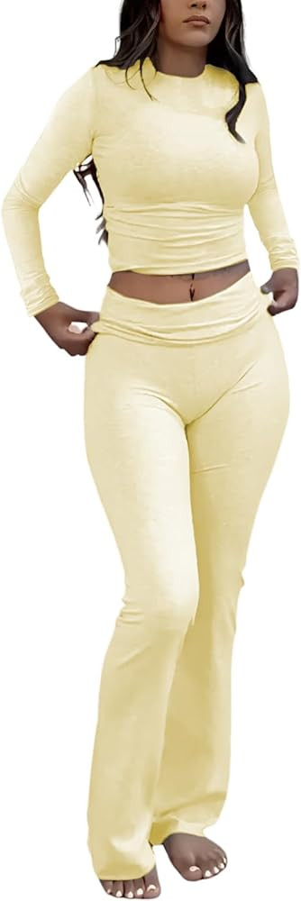 ZFLM Casual Workout Two Piece Outfits Long Sleeve High Waist Fold-Over Flared Leggings Pants Trac... | Amazon (US)