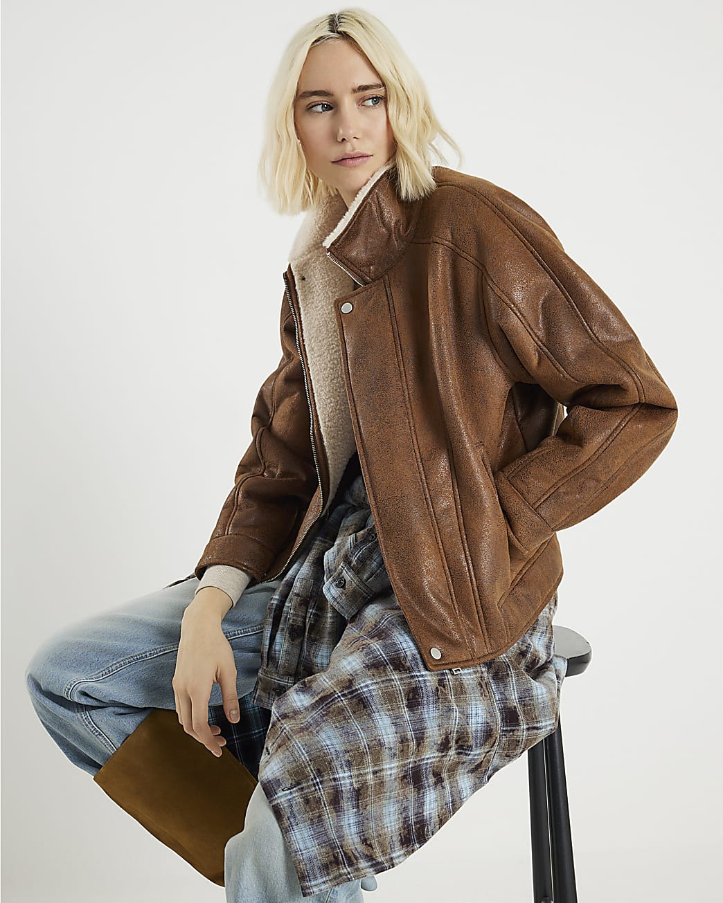 Brown Shearling Trim Biker Jacket | River Island UK & IE