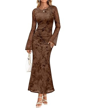 ZESICA Women's Long Sleeve Floral Bodycon Dress 2025 Fall Fashion Ruched Mesh Wedding Guest Cockt... | Amazon (US)