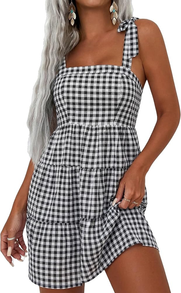 FOMELY Gingham Dress Women Cotton Plaid Tiered Checkered Milkmaid Tie Shoulder Flowy Beach Vacati... | Amazon (US)