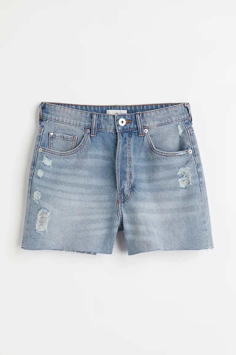 5-pocket shorts in thick cotton denim. High waist, zip fly with button, and raw-edge hems. | H&M (US + CA)