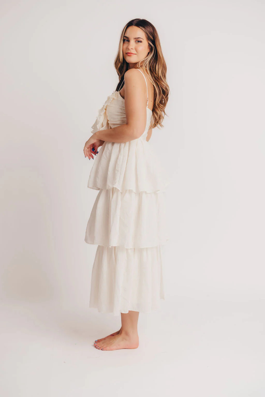 Scout Tiered Midi Dress with Bow Detail in Natural | Worth Collective