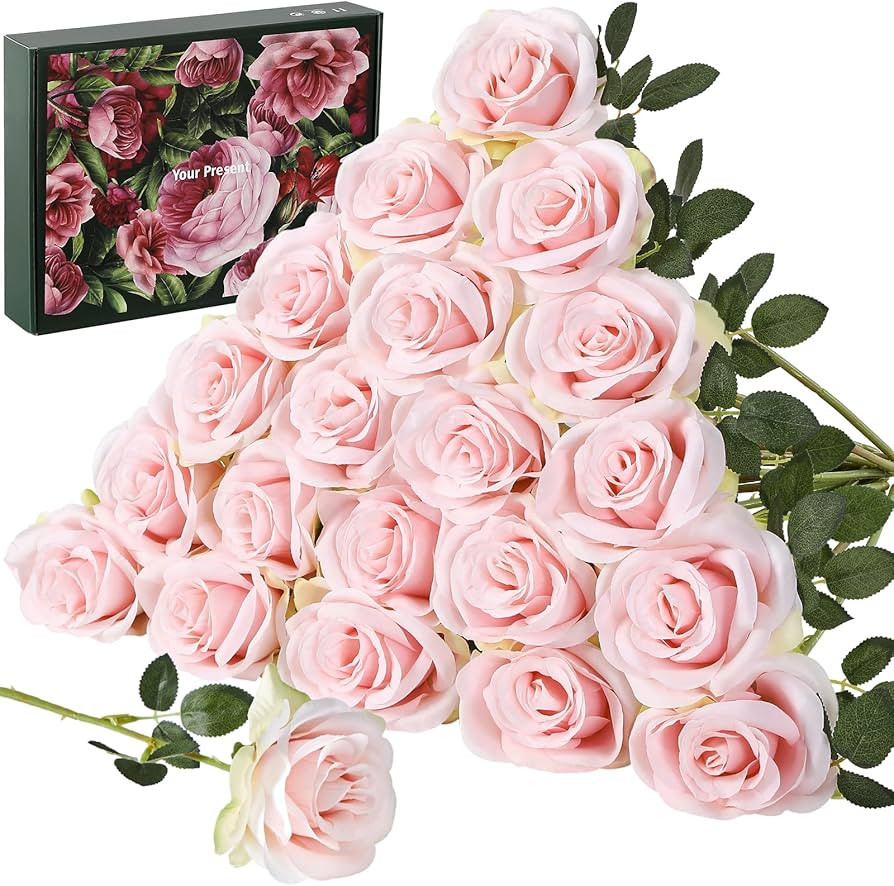 20PCS Artificial Pink Roses, 3.9'' Silk Flower Head Fake Pink Rose with Long Stems, Realistic Fau... | Amazon (US)