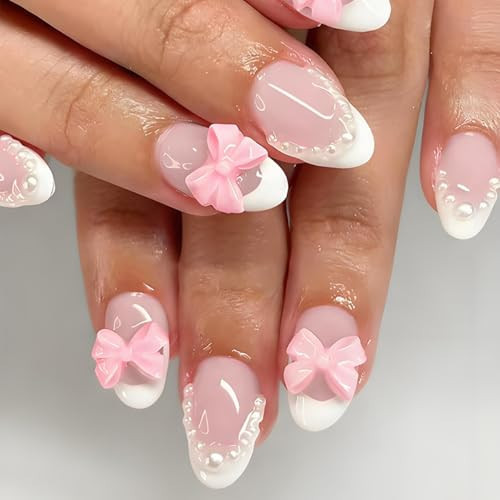 White French Tip Press on Nails - 3D Bow False Nails Short Almond Fake Nails Press ons with Pearls Design, Glossy Acrylic Full Cover Reusable Glue on Nails for Women Manicure 24Pcs | Amazon (US)