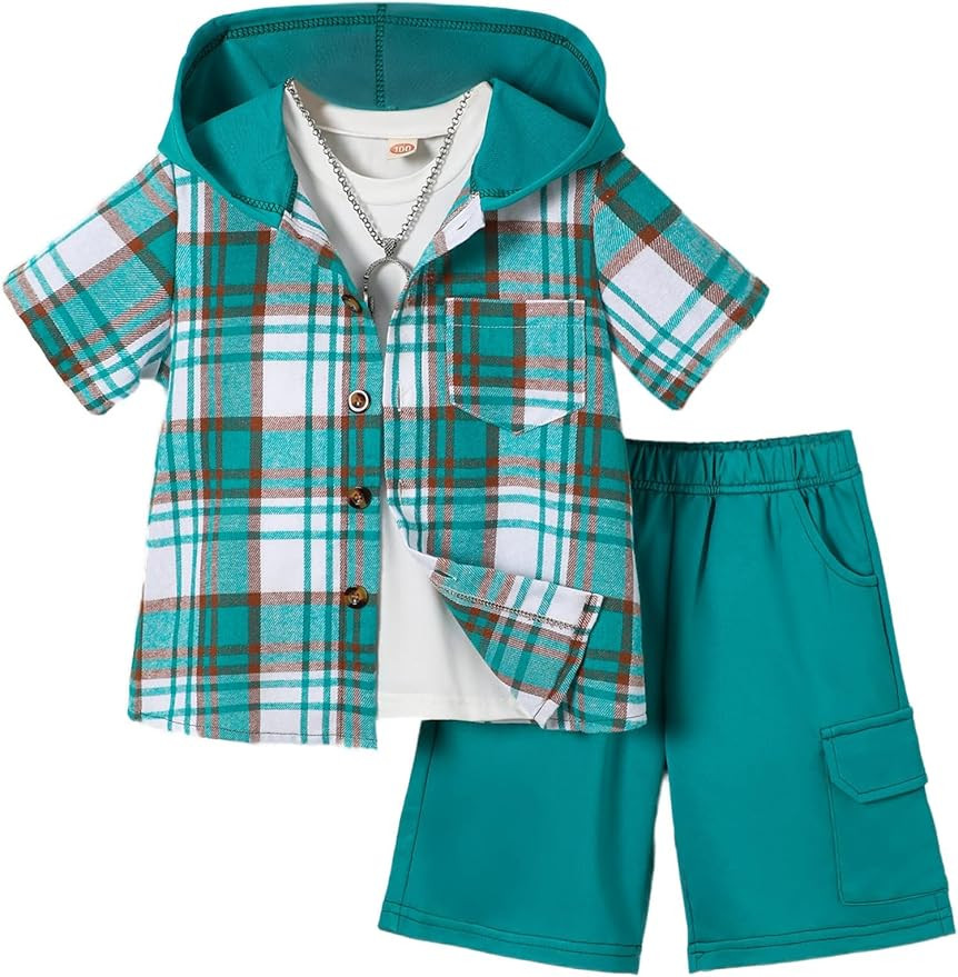 Boys Clothes Shorts Sets Plaid Short Sleeve Hooded Button Shirt and Jogger Shorts for Kids Summer... | Amazon (US)