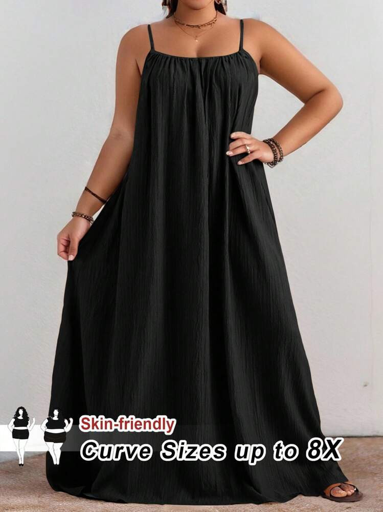 SHEIN CURVE+ Curve Plus Size/Autumn Clothes /Fall Women Clothes/Winter Clothes For Women/Winter ClothesPlus Size Solid Pleated Detail Casual Cami Dress,Suitable For Birthday Party, Graduation Ceremony, Student Wear, Casual Daily, Vacation Curve Maxi Dress Curve Summer Dress Plus Size Maxi Dress Plus Size Sundress Curvy Maxi Sundress,Holiday Outfits For Women | SHEIN