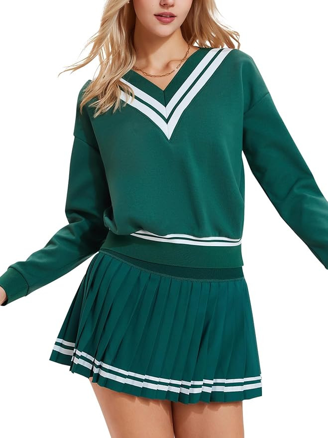 Women's 2 Piece Tennis Skirt Set, V-Neck Long Sleeve Sweatshirt & High Waisted Pleated Skirt, Ath... | Amazon (US)