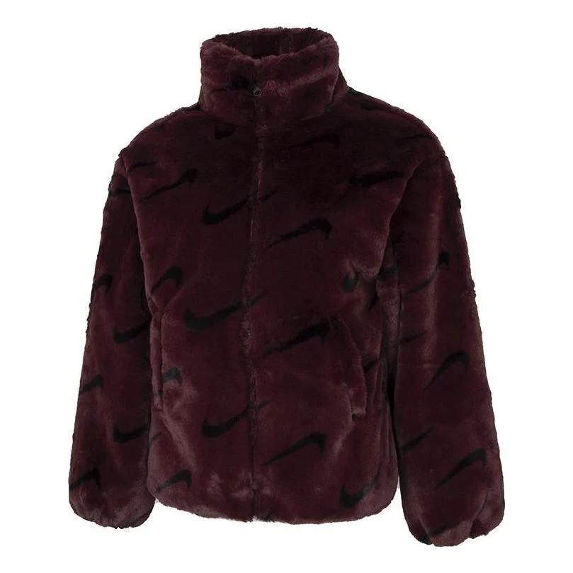 (WMNS) Nike Printed Faux Fur Jacket Asia Sizing 'Burgundy' | KICKS CREW
