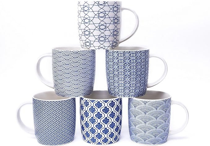 MACHUMA Set of 6 11.5 oz Coffee Mugs with Blue and White Geometric Patterns, Ceramic Tea Cup Set | Amazon (US)