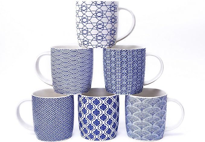 MACHUMA Set of 6 11.5 oz Coffee Mugs with Blue and White Geometric Patterns, Ceramic Tea Cup Set | Amazon (US)