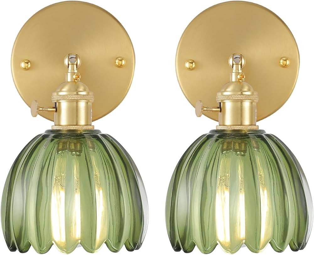 Vintage Wall Sconces Set of 2 with Green Tulip Glass Lampshade 180 Degree Adjustable Brass Sconce... | Amazon (US)