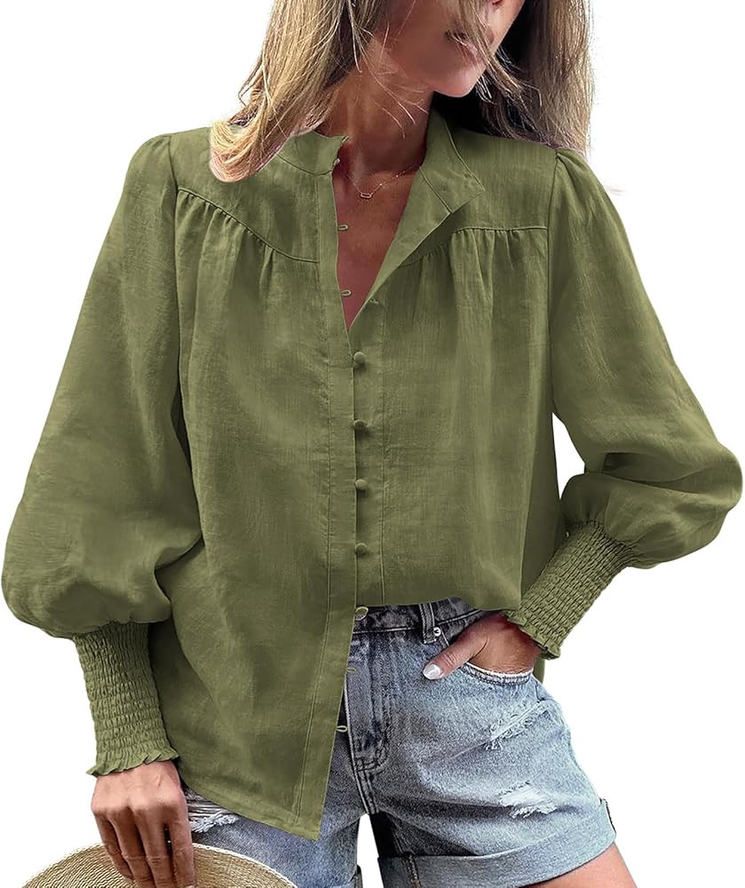 PRETTYGARDEN Women Button Down Shirts V Neck Lantern Long Sleeve Blouses Dressy Casual Smocked To... | Amazon (US)