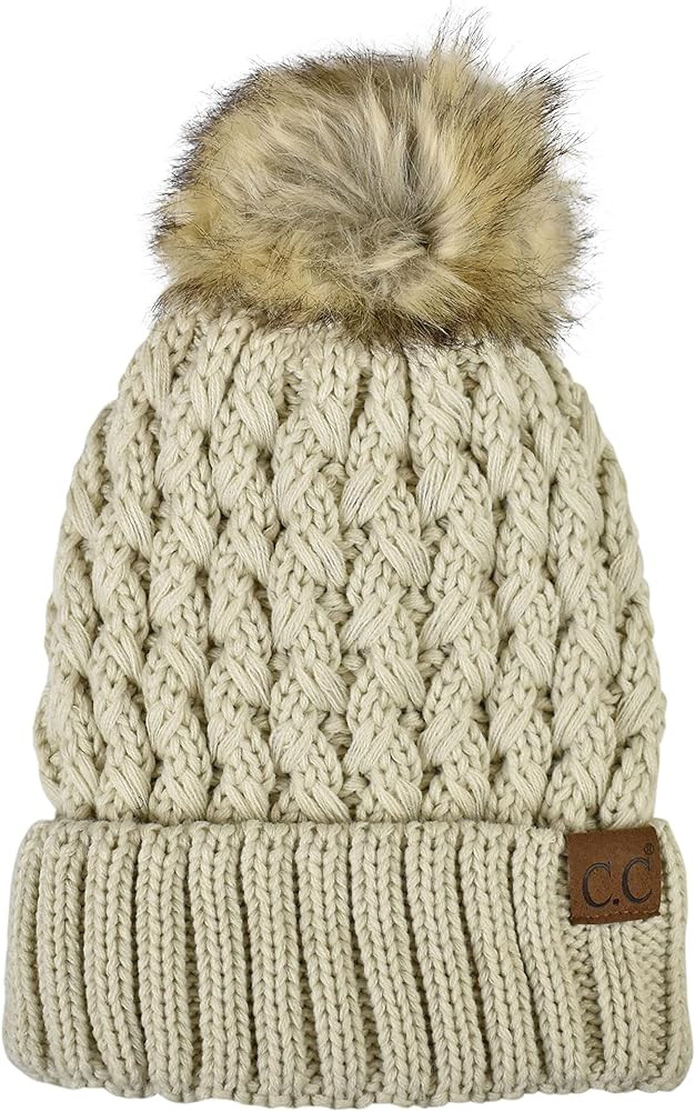 C.C Thick Cable Knit Faux Fuzzy Fur Pom Fleece Lined Skull Cap Cuff Beanie | Amazon (US)