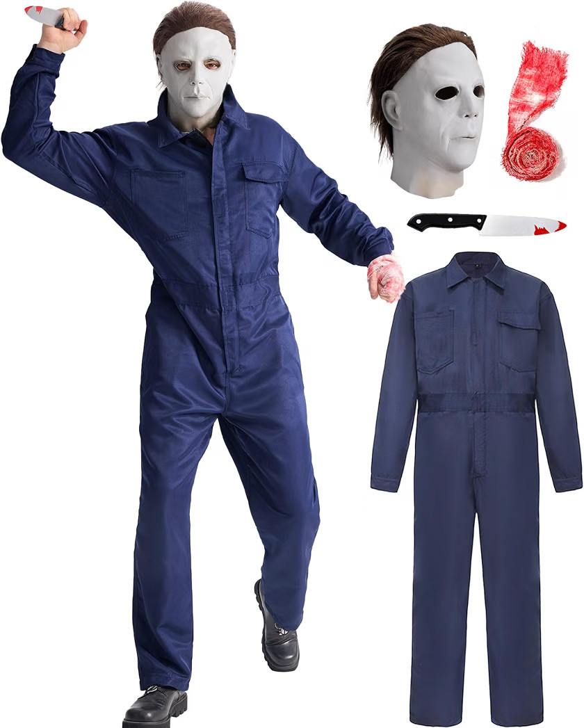 Men's Navy Halloween Jumpsuit Costume Set, Horror Mask, Prop knife, Gauze | Amazon (US)