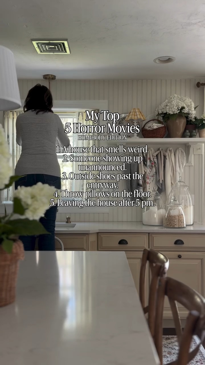 As a professional homebody, this is my version of a horror movie marathon. Forget the haunted dolls and creepy basements, nothing sends a chill down my spine faster than someone walking through the house with outside shoes on or hearing “I was just in the neighborhood” while I’m already in pajamas by 6:00! And throw pillows on the floor? Immediate emotional distress. Who can relate?! 

#homebodylife #cozyhome #homebody