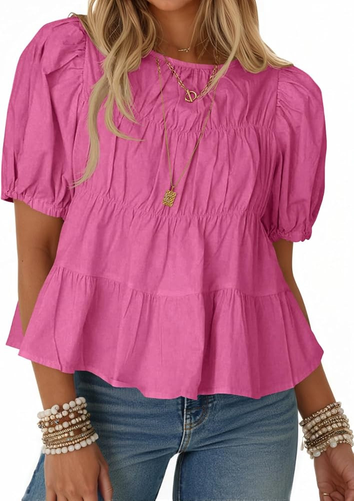Tankaneo Womens Puff Sleeve Peplum Babydoll Tops Summer Smoked Pleated Cotton T-Shirts Casual Loo... | Amazon (US)