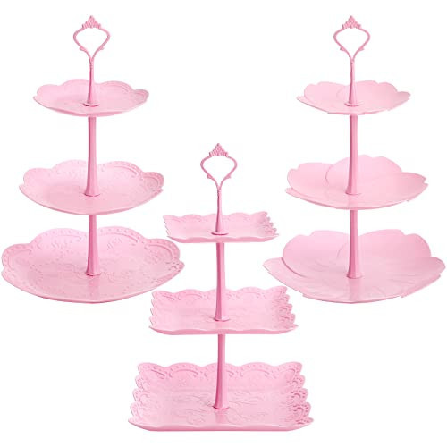 Tosnail 3 Pack 3 Tiers Plastic Cupcake Stand Dessert Stand Tiered Serving Trays with Pink Rod Candy Pastry Holders for Baby Shower, Wedding and Party - Pink Rod | Amazon (US)