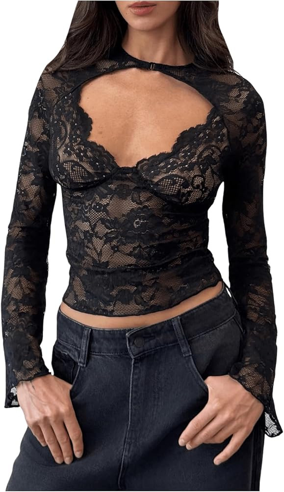 MakeMeChic Women's Lace Sheer Top Y2k Bell Sleeve Cut Out T Shirt Fitted Crop Tops | Amazon (US)
