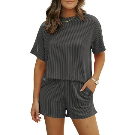 DOKOTOO 2 Piece Oufits for Women Lounge Set Short Sleeve Shirts Matching High Waisted Shorts with Pockets S | Walmart (US)