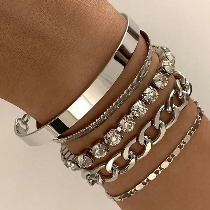 5pcs/Set Bohemian Style Golden Bangle Bracelets, Beaded Chain Layered Bracelet, Party Jewelry Gif... | SHEIN