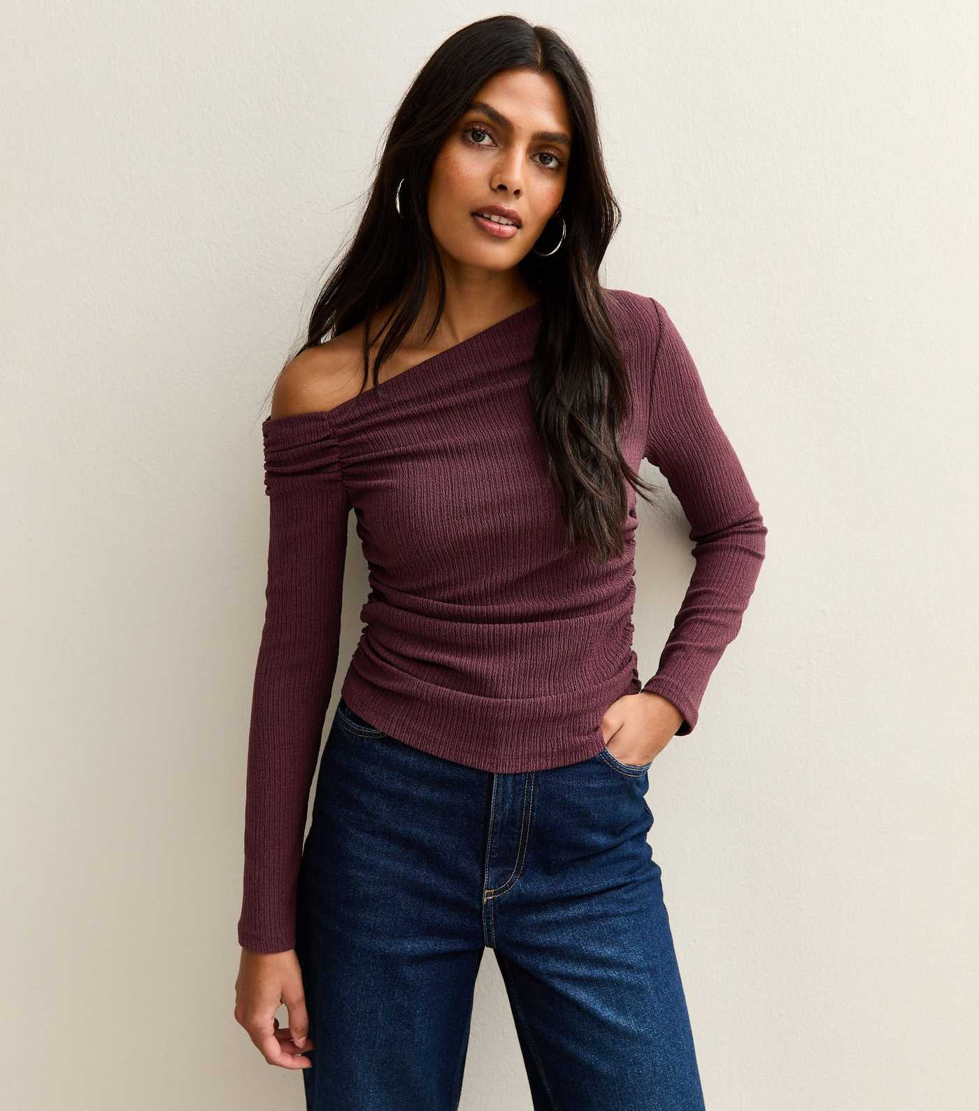 Burgundy Asymmetric Ruched Waist Long Sleeve Top | New Look | New Look (UK)