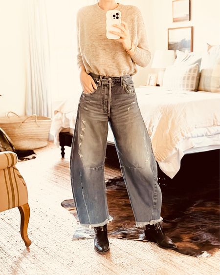 I finally bought in to the “horseshoe denim” trend and I think they are so fun! They are certainly comfy and they are just something different- which is nice.
I first saw these on @EmilyAnnGemma and she looked adorable! She let me try hers on (😂) so I could see what size. These run SO BIG. On a skinny day I wear a size 26 but these are a size 24 and I probably could have taken a 23. Your usual is irrelevant with these jeans. 

#LTKSeasonal #LTKstyletip #LTKU