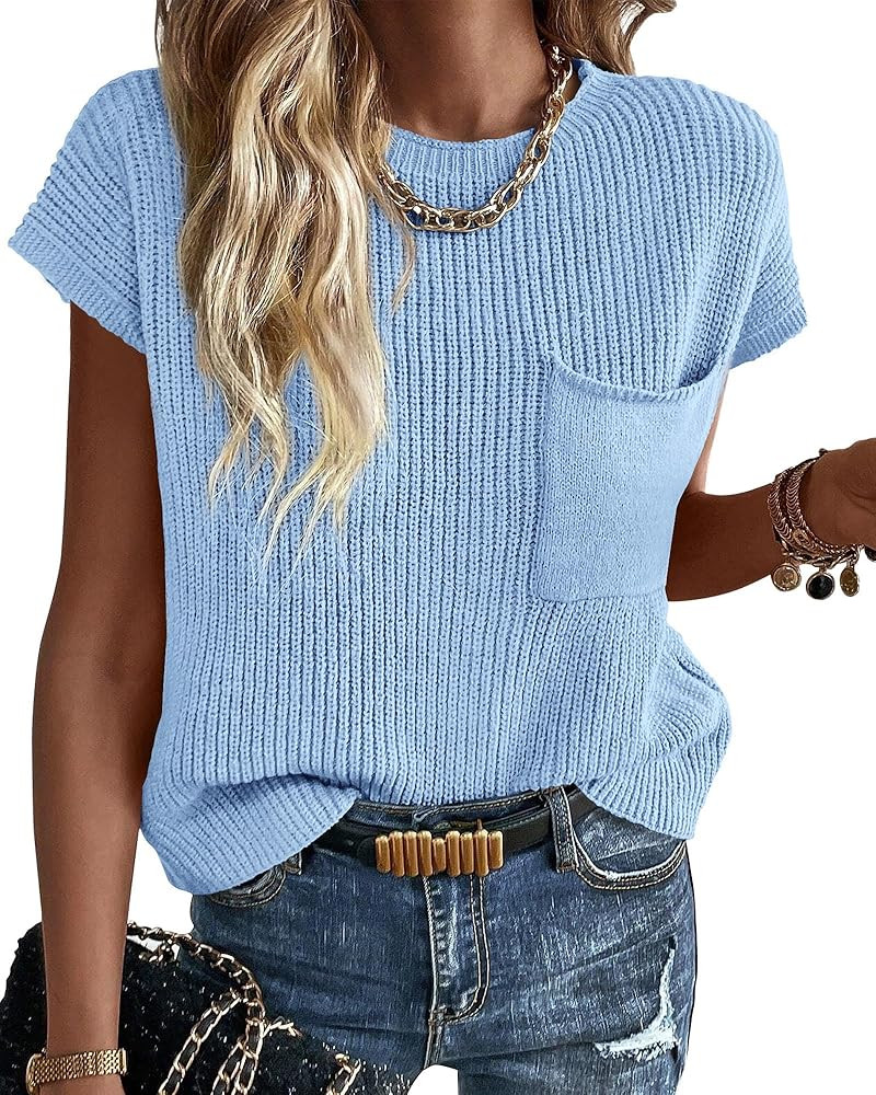 KIRUNDO Summer Fall Short Sleeve Sweater for Women 2025 Casual Sweater Vest Cotton Knit Pullover ... | Amazon (US)