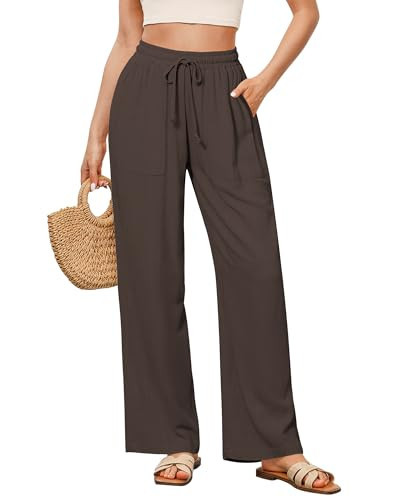 GRAPENT Linen Pants Women High Waisted Summer Pants for Women Palazzo Pants Women Lounge Wear for Women Womens Wide Leg Linen Pants Womens Comfy Pants Color Coffee Brown X-Large Size 16 to 18 | Amazon (US)