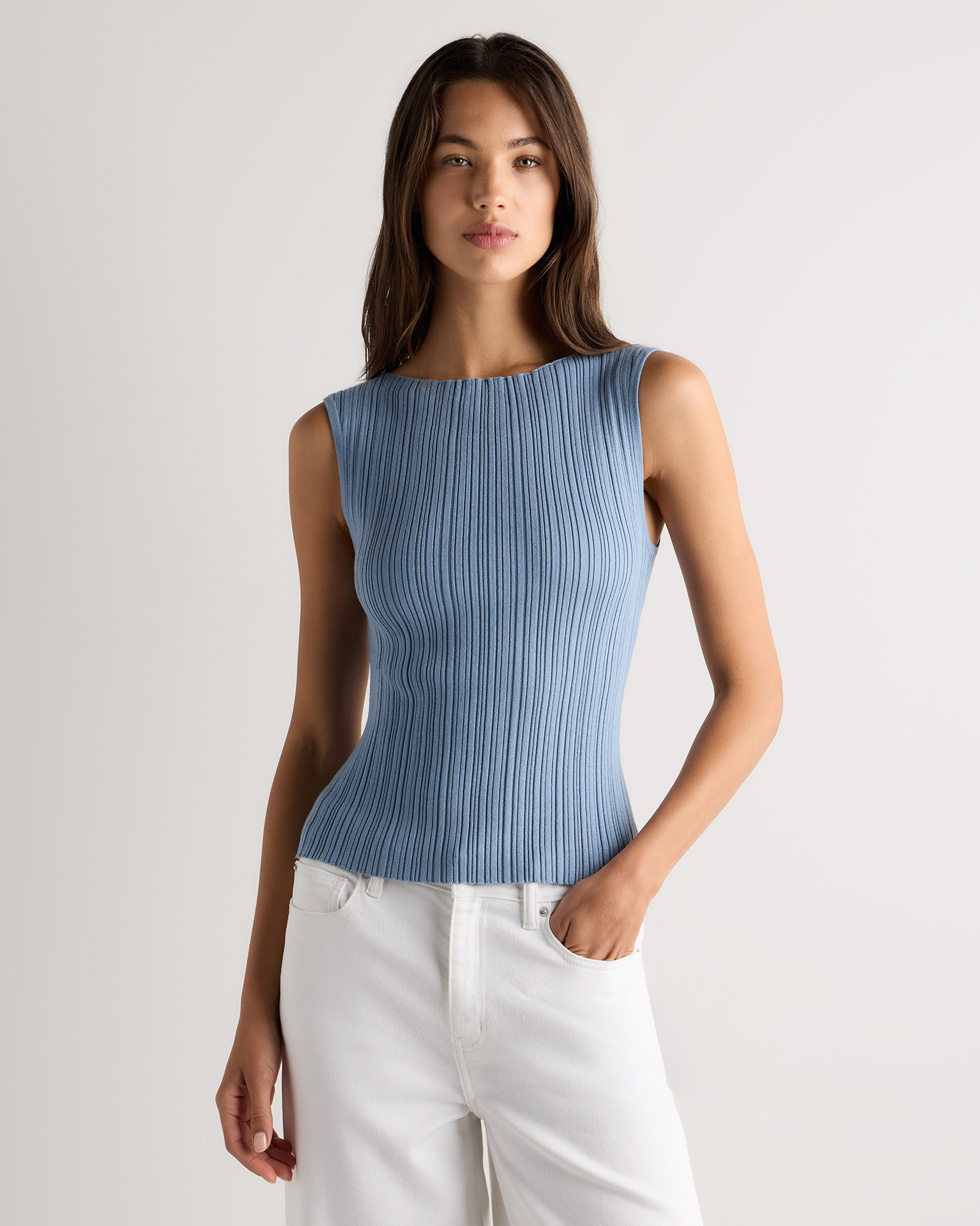 Quince | Women's Cotton Cashmere Ribbed Tank Top in Mountain Spring Blue, Size Large | Quince
