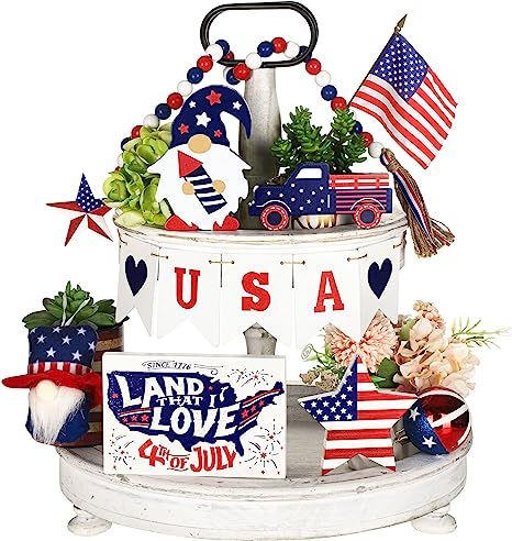 10 Pcs 4th of July Tiered Tray Decor Set Patriotic Tiered Tray Decor American Star Wood Signs Rus... | Amazon (US)