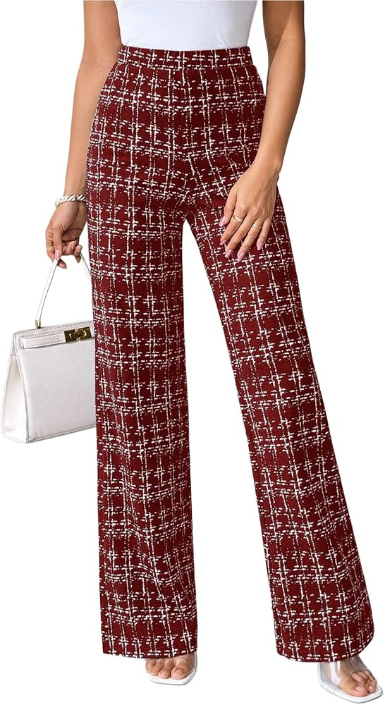 Floerns Women's Plaid Flare Pants Elastic High Waisted Bell Bottom Old Money Trousers Business Ca... | Amazon (US)