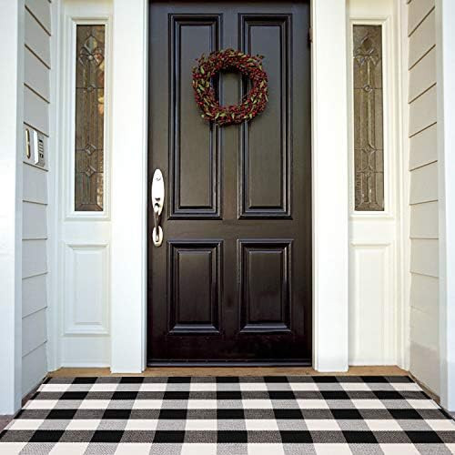 Buffalo Plaid Outdoor Rug Runner Doormat 24'' x 51'', KIMODE Black/White Cotton Woven Checkered Farm | Amazon (US)