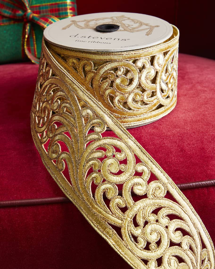 D. Stevens Metallic Gold Scroll Ribbon, 3.5"W x 10 Yards | Neiman Marcus