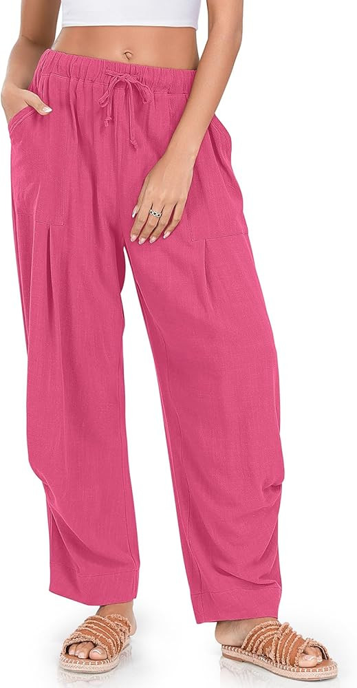 TARSE Women Linen Baggy Harem Pants Summer Drawstring Casual Lounge Pant 2024 Beach Travel Vacati... | Amazon (US)
