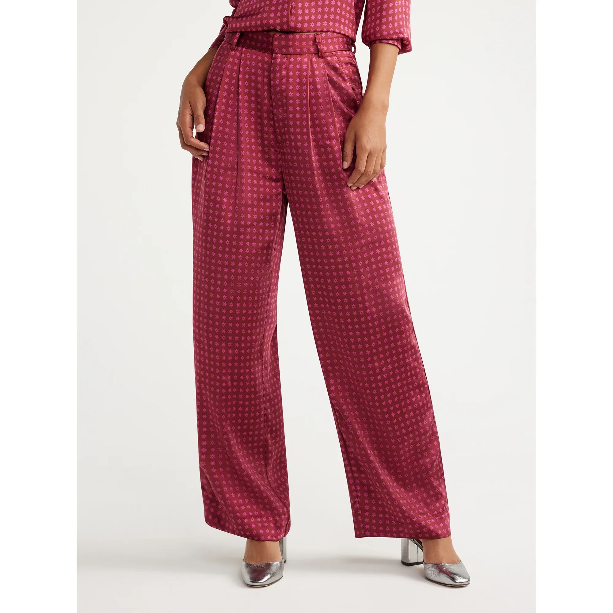 Free Assembly Women's High Rise Pleated Satin Trousers, 31” Inseam, Sizes 0-20 | Walmart (US)