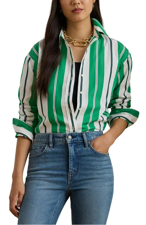 Lauren Ralph Lauren Stripe Cotton Button-Up Shirt in Green/Blue/White at Nordstrom, Size X-Large | Nordstrom