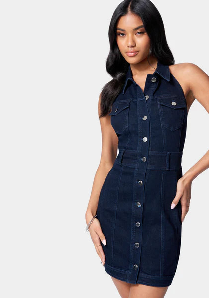 Halter Neck Button Up Denim Dress | Bebe