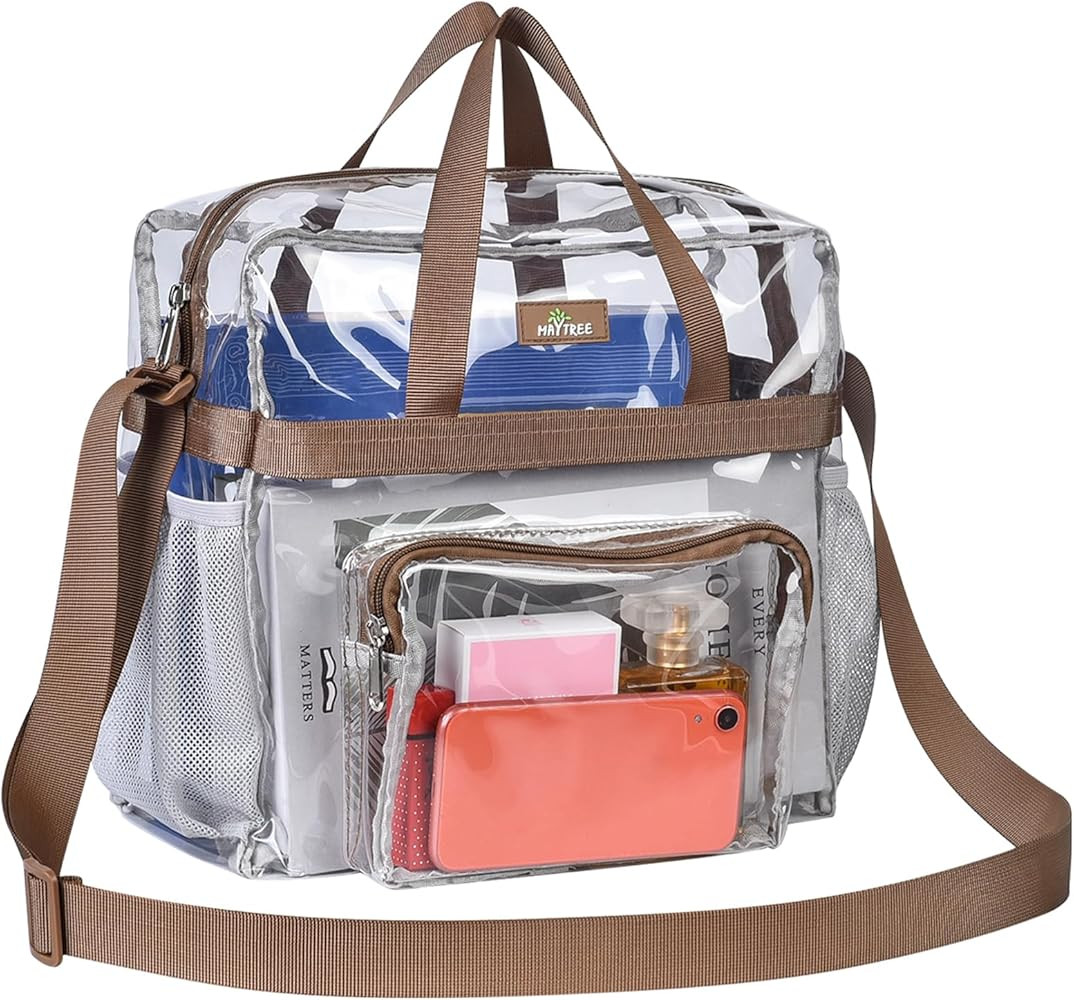 MAY TREE Clear Vinyl Tote Bag, 12 x 6 x 12 in, Brown, Suitable for Work, Travel, Sports, Office | Amazon (US)